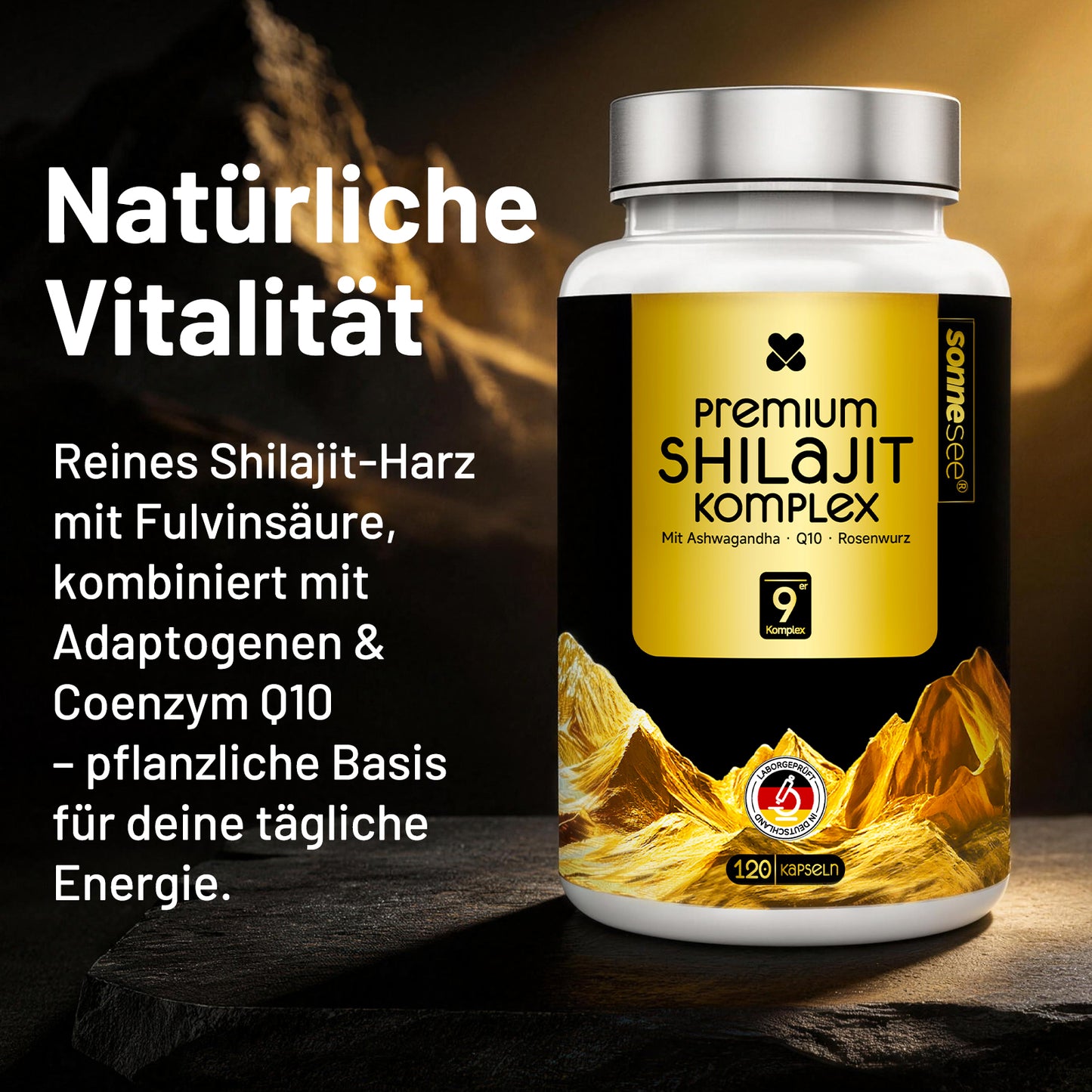 Sonnesee Premium Shilajit Komplex – Rein, Hochdosiert & Laborgeprüft | Mit Ashwagandha, Rhodiola & Q10