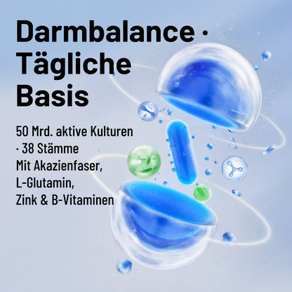 Pro 50Mrd Darmflora 38 Stämme Hochdosierte Komplexformel mit Akazienfaser, L-Glutamin, Zink & B-Vitaminen Hergestellt in Deutschland