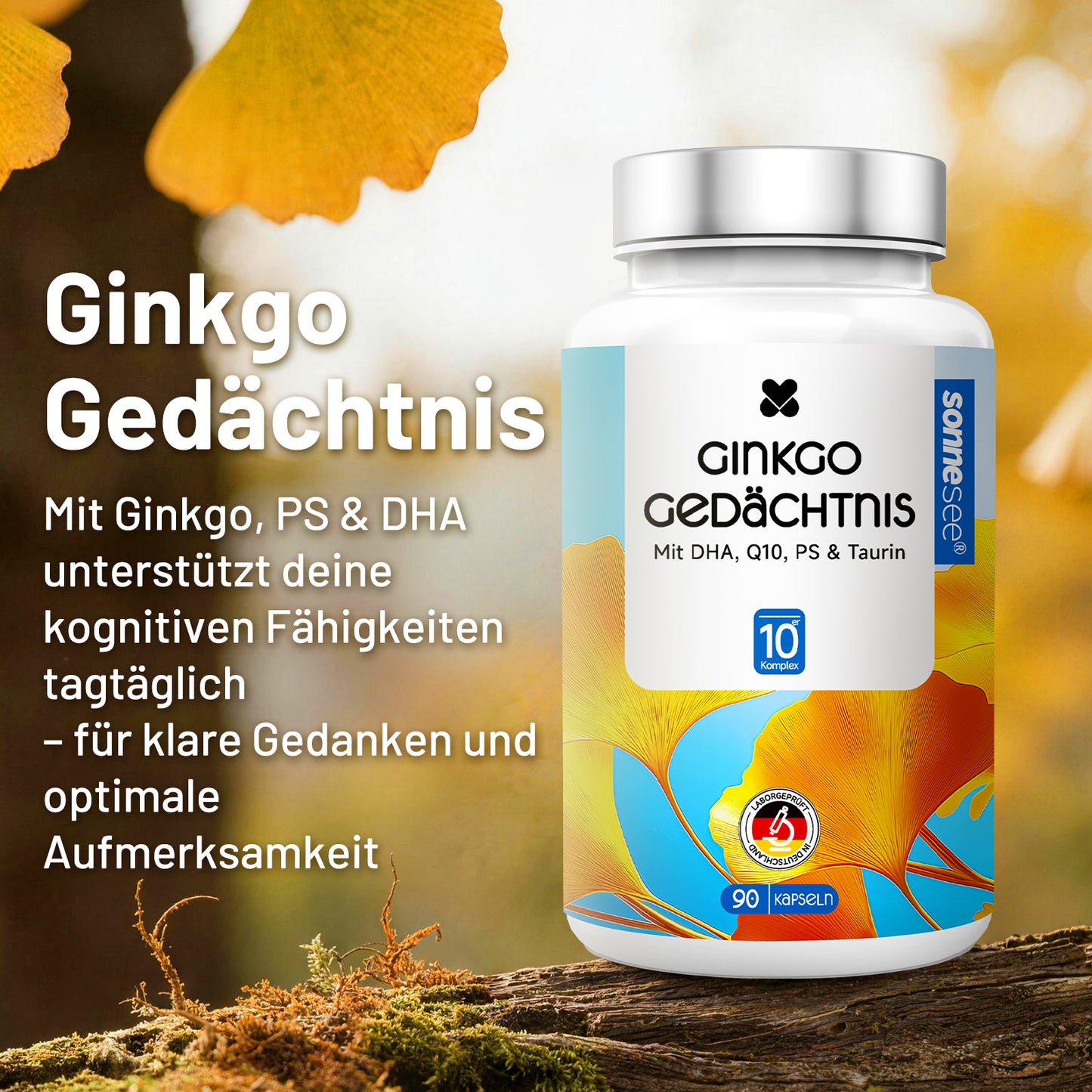 Ginkgo Gedächtnis Kapseln mit DHA, Q10, PS & Taurin, 90 Stück, Nahrungsergänzungsmittel mit Ginkgo-biloba-Extrakt