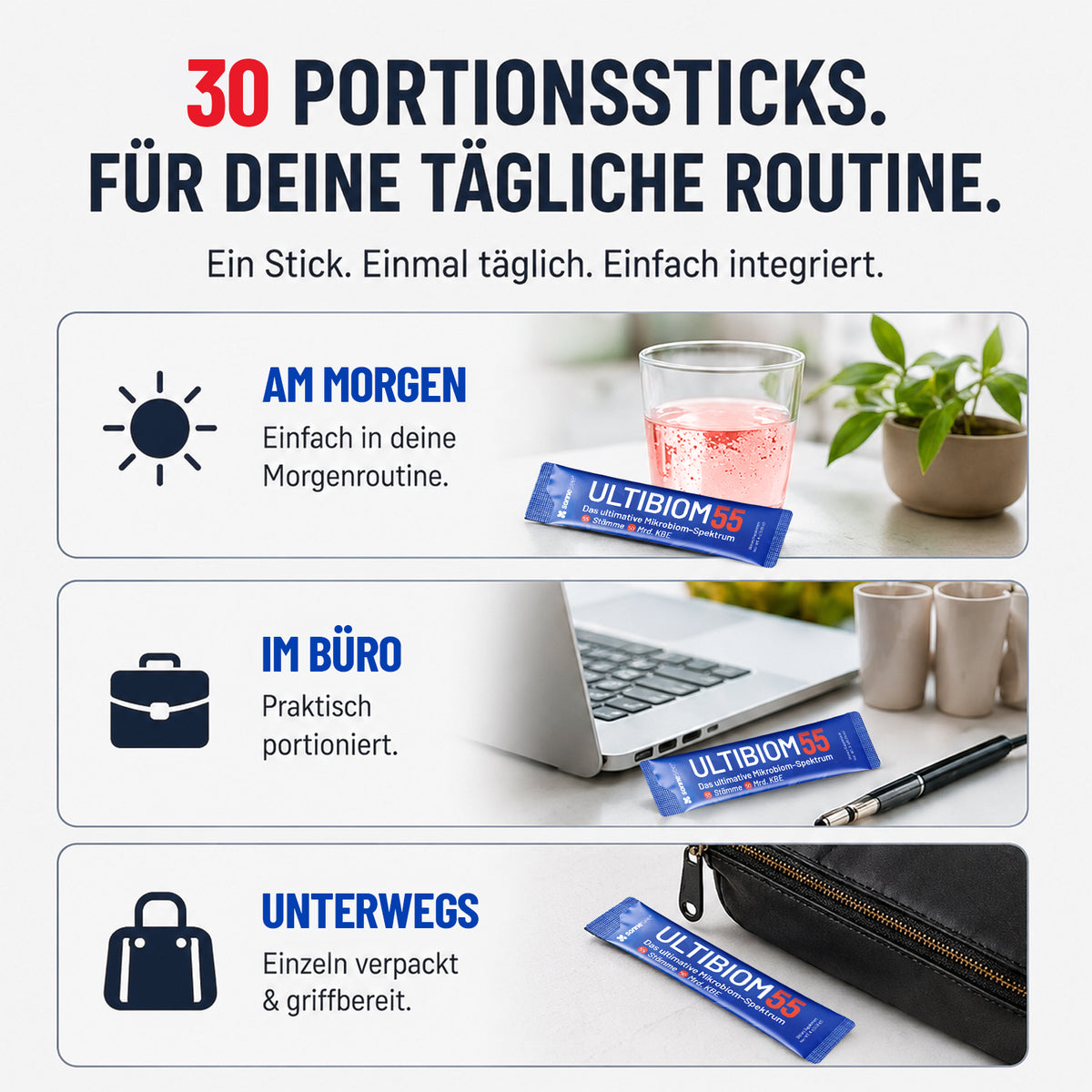 55 Bakterienkulturen 50 Mrd. KBE – Darmflora Komplex mit Inulin, Akazienfaser, FOS, Enzymen, Zink & Biotin – 30 Portionssticks – Sonnesee ULTIBIOM 55
