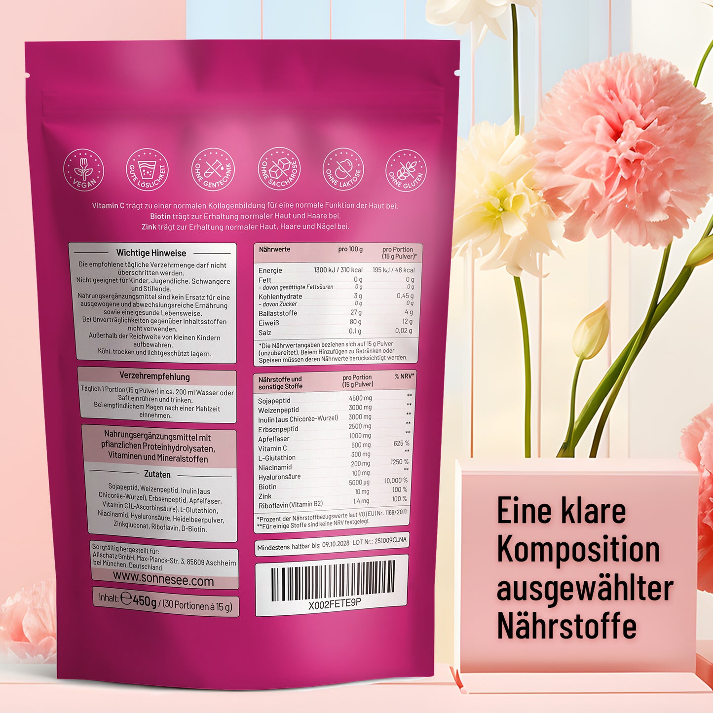 3in1 Beauty Balance Light Pflanz Collagen Peptide, Inulin, Vitamin C, Biotin & Zink – für Haut & Darm – 450 g