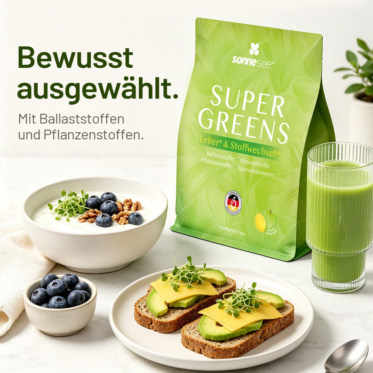 SUPER GREENS für einen bewussten Alltag  Pflanzenstoffe · Ballaststoffe · Leber & Stoffwechsel · Spurenelemente