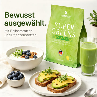 SUPER GREENS für einen bewussten Alltag  Pflanzenstoffe · Ballaststoffe · Leber & Stoffwechsel · Spurenelemente