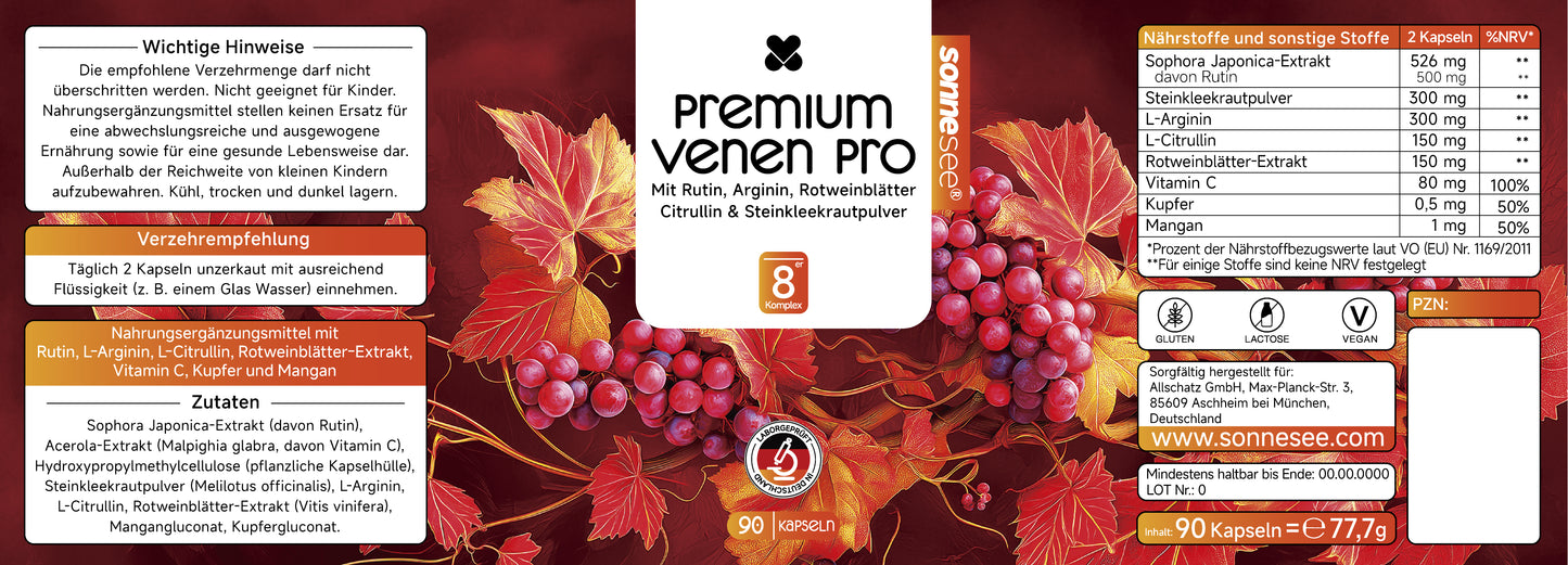Premium Venen Pro Kapseln, 90 Stück, Mit Rutin, L-Arginin, Rotweinblätter-Extrakt, Vitamin C, Kupfer und Mangan, Vegan