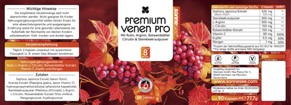 Premium Venen Pro Kapseln, 90 Stück, Mit Rutin, L-Arginin, Rotweinblätter-Extrakt, Vitamin C, Kupfer und Mangan, Vegan