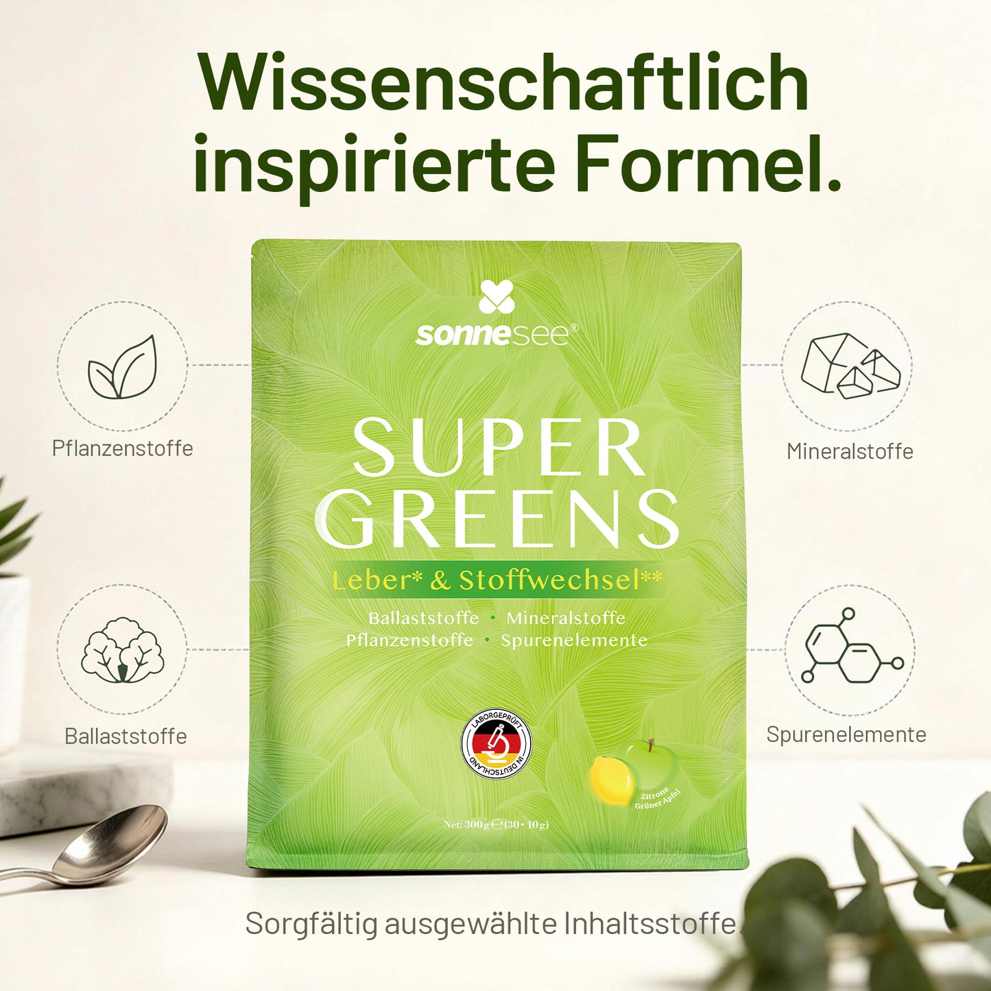 SUPER GREENS für einen bewussten Alltag  Pflanzenstoffe · Ballaststoffe · Leber & Stoffwechsel · Spurenelemente