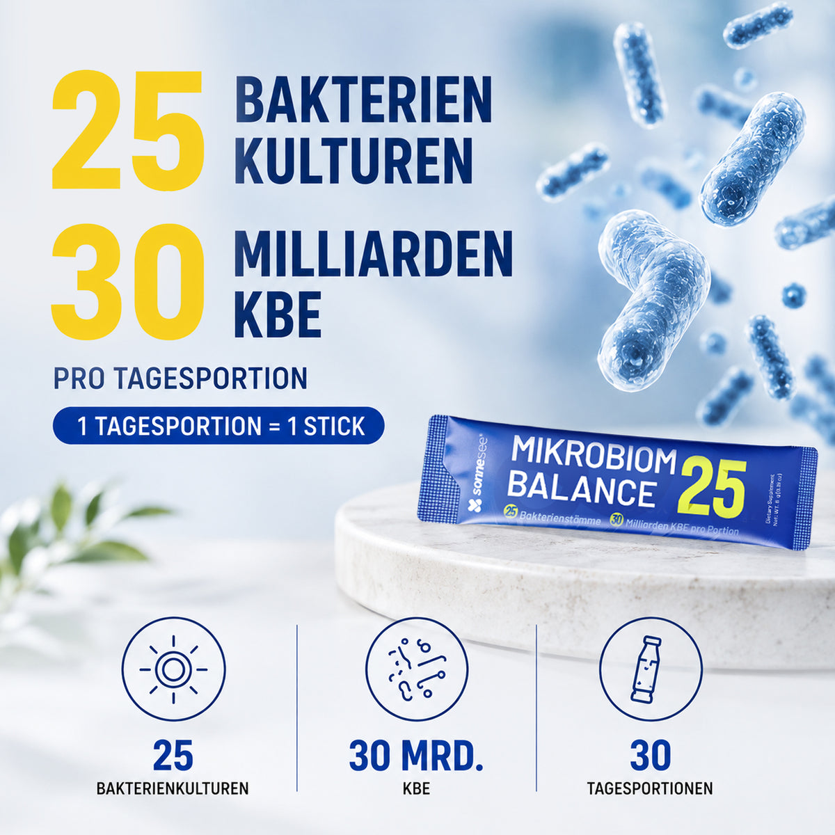 25 Bakterienkulturen + 30 Mrd. KBE – Darmflora Pulver mit Präbiotika, Enzymen, Zink & Biotin – 30 Tagesportionen – Sonnesee Mikrobiom Balance 25