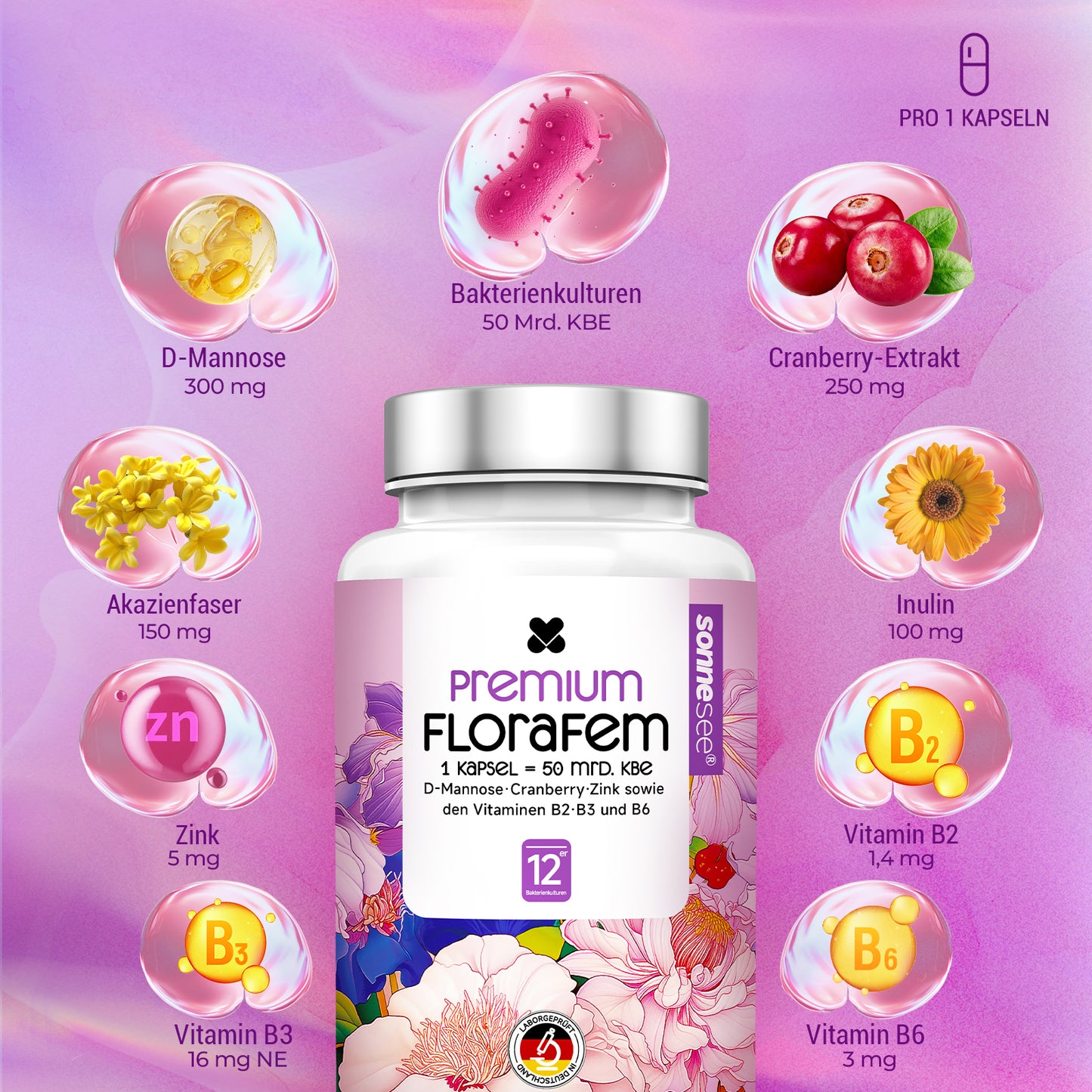 Sonnesee Premium FloraFem Kulturen Komplex 12 Bakterienstämme mit Mit D-Mannose, Cranberry, Zink und Vitaminen