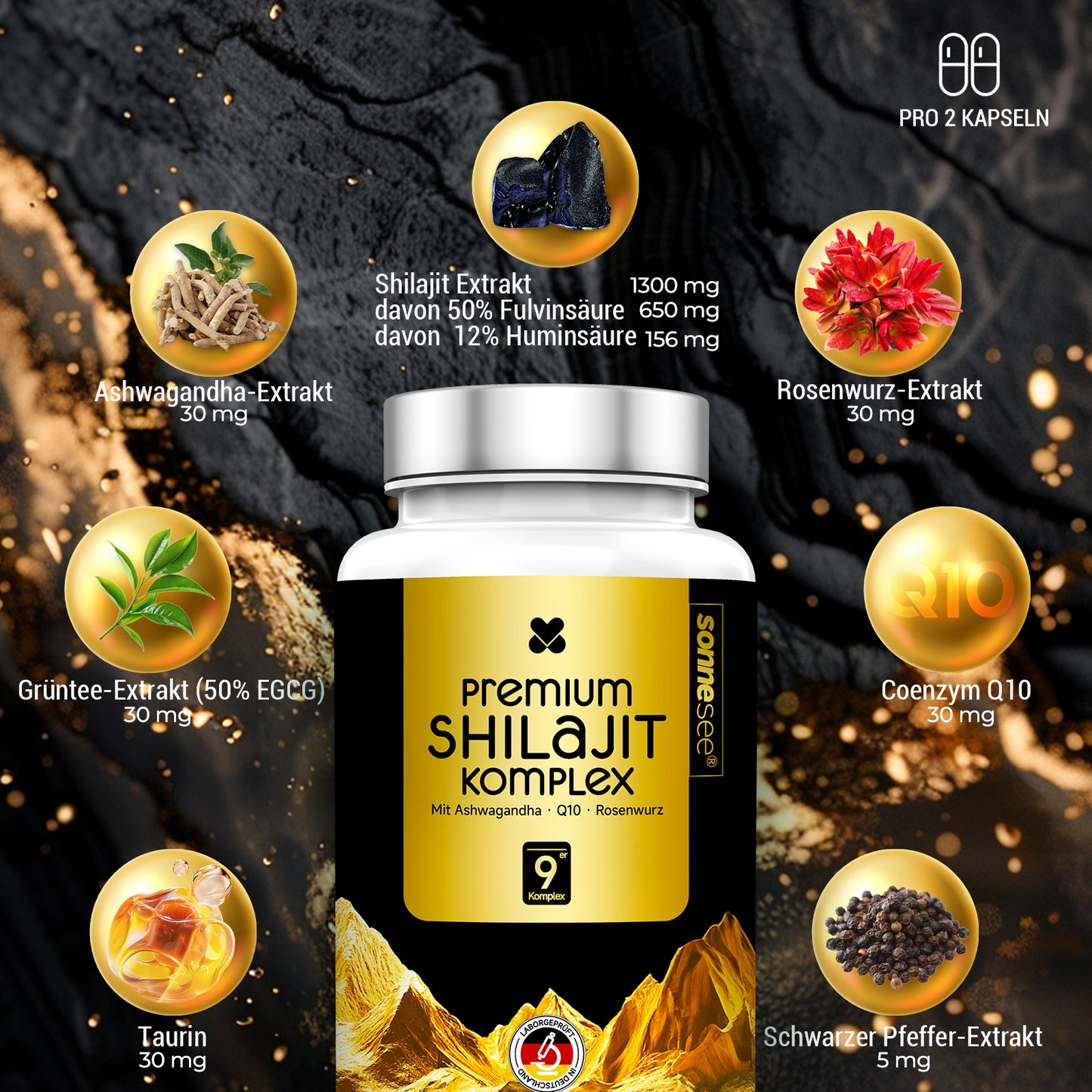 Sonnesee Premium Shilajit Komplex – Rein, Hochdosiert & Laborgeprüft | Mit Ashwagandha, Rhodiola & Q10