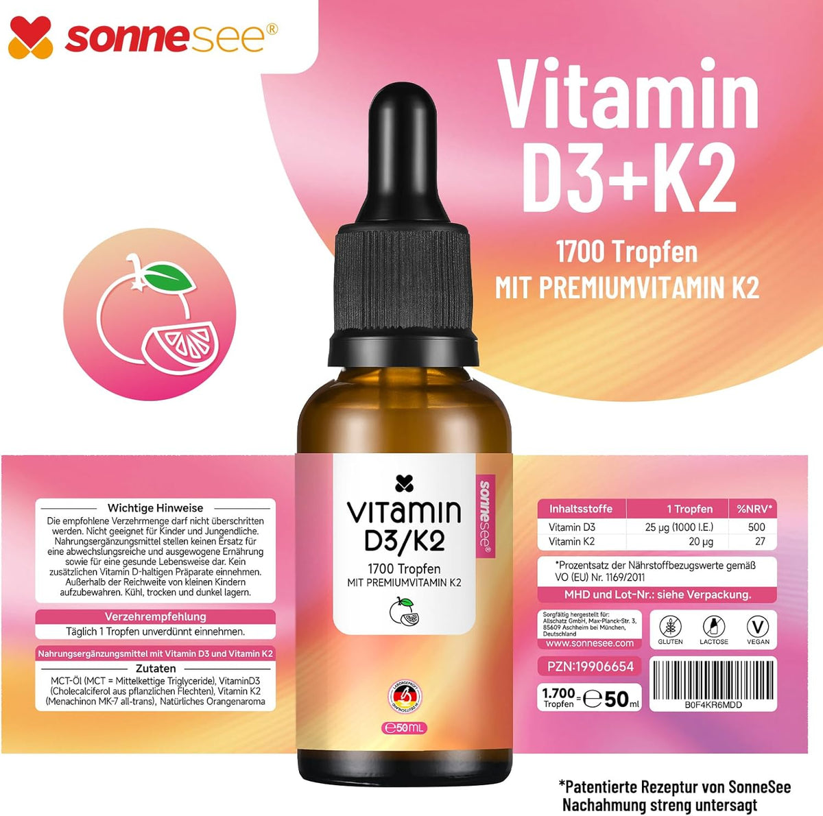 Sonnesee Vitamin D3/K2 Tropfen Orange, 50 ml – Bild 2