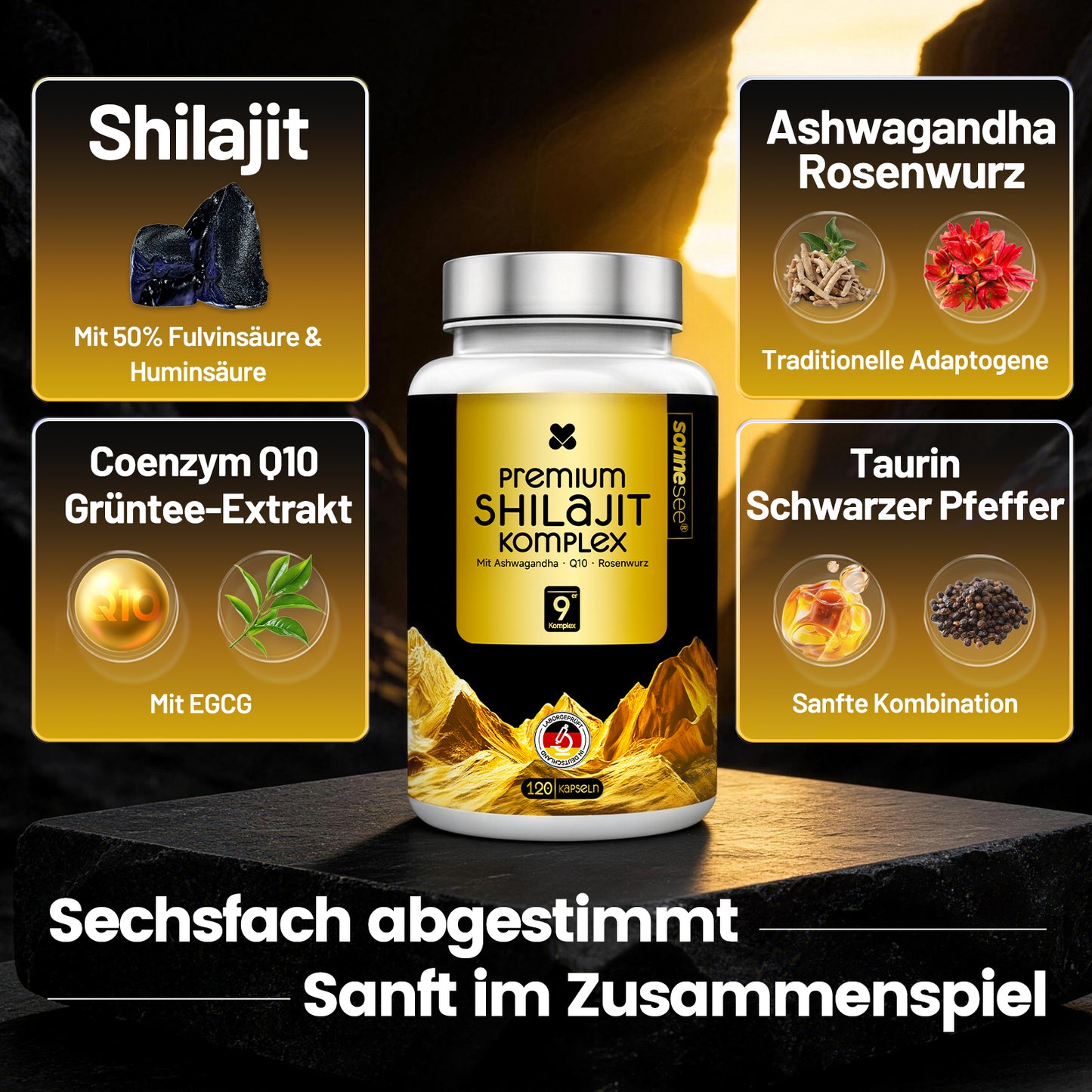Sonnesee Premium Shilajit Komplex – Rein, Hochdosiert & Laborgeprüft | Mit Ashwagandha, Rhodiola & Q10