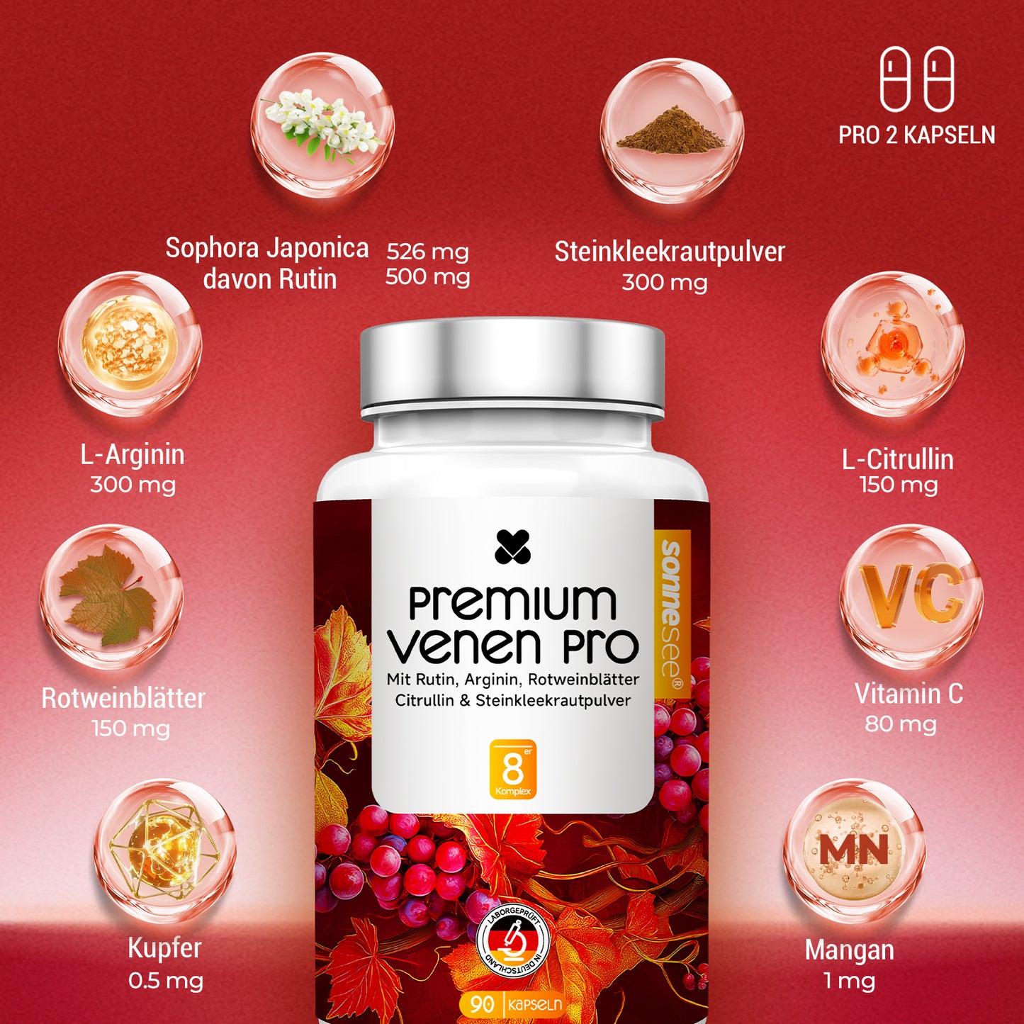 Premium Venen Pro Kapseln, 90 Stück, Mit Rutin, L-Arginin, Rotweinblätter-Extrakt, Vitamin C, Kupfer und Mangan, Vegan
