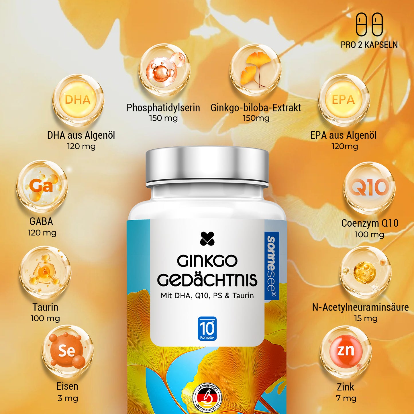 Ginkgo Gedächtnis Kapseln mit DHA, Q10, PS & Taurin, 90 Stück, Nahrungsergänzungsmittel mit Ginkgo-biloba-Extrakt