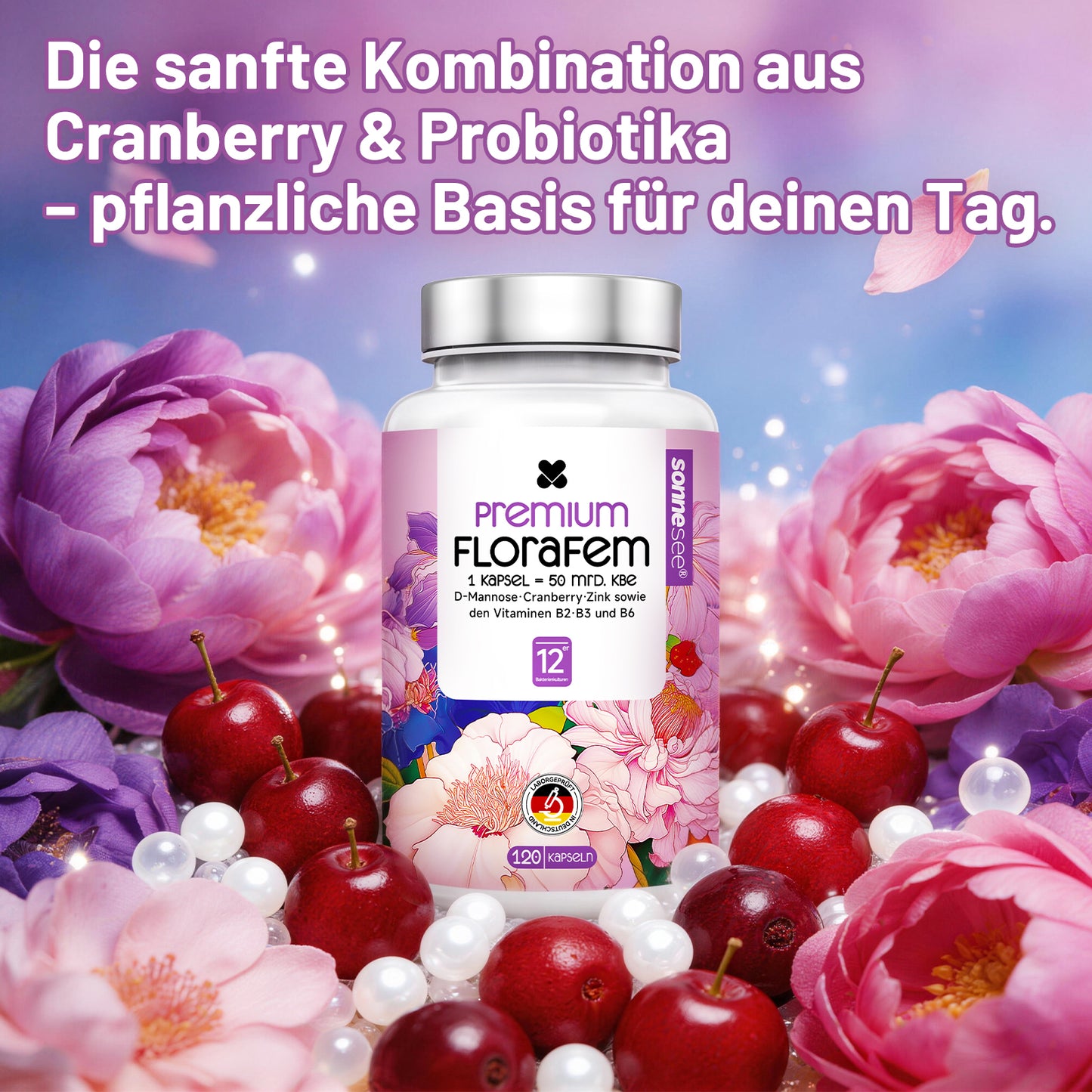 Sonnesee Premium FloraFem Kulturen Komplex 12 Bakterienstämme mit Mit D-Mannose, Cranberry, Zink und Vitaminen