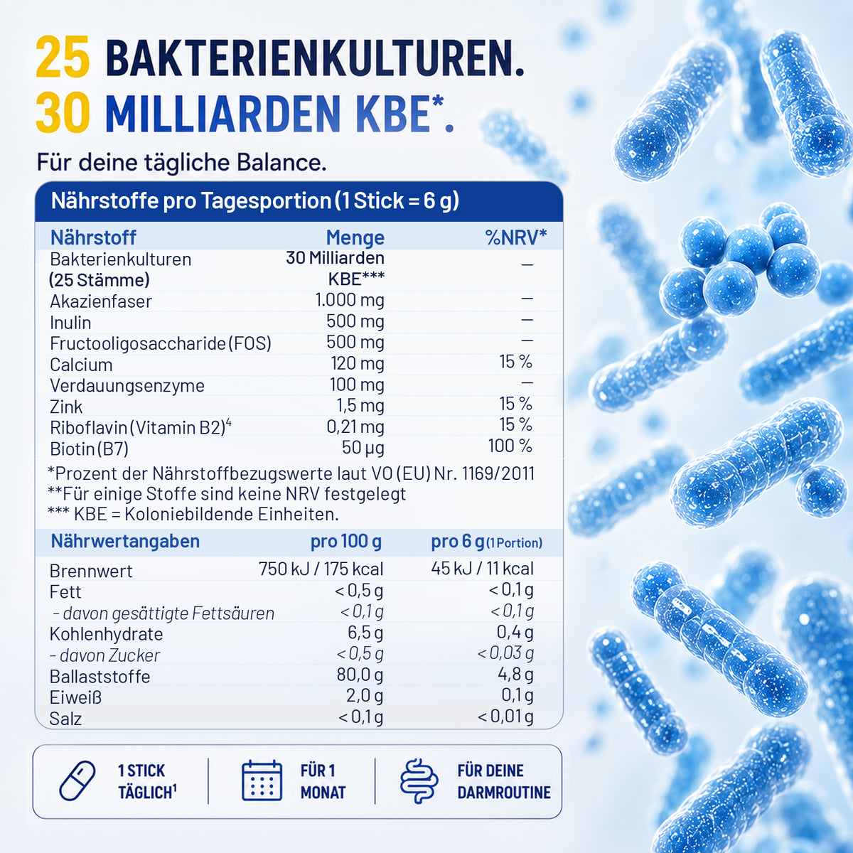 25 Bakterienkulturen + 30 Mrd. KBE – Darmflora Pulver mit Präbiotika, Enzymen, Zink & Biotin – 30 Tagesportionen – Sonnesee Mikrobiom Balance 25
