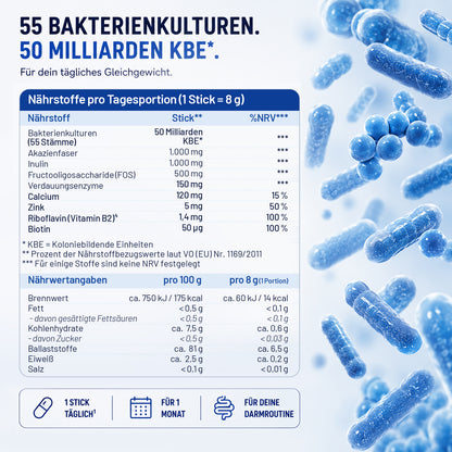 55 Bakterienkulturen 50 Mrd. KBE – Darmflora Komplex mit Inulin, Akazienfaser, FOS, Enzymen, Zink & Biotin – 30 Portionssticks – Sonnesee ULTIBIOM 55