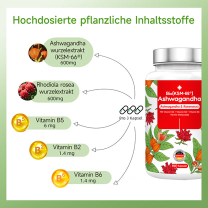 Bio Ashwagandha KSM-66 Rosenwurz 5 fach