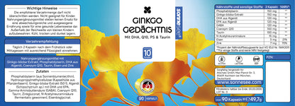 Ginkgo Gedächtnis Kapseln mit DHA, Q10, PS & Taurin, 90 Stück, Nahrungsergänzungsmittel mit Ginkgo-biloba-Extrakt
