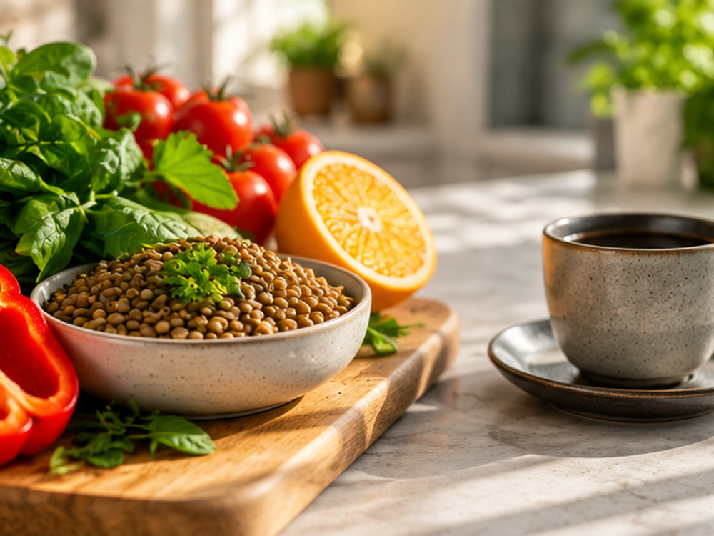 Lebensmittelkombination mit Hülsenfrüchten Gemüse Zitrusfrüchten und Kaffee