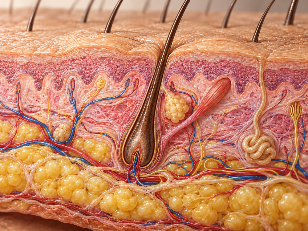Anatomische Darstellung von Hautschichten und Haarfollikeln