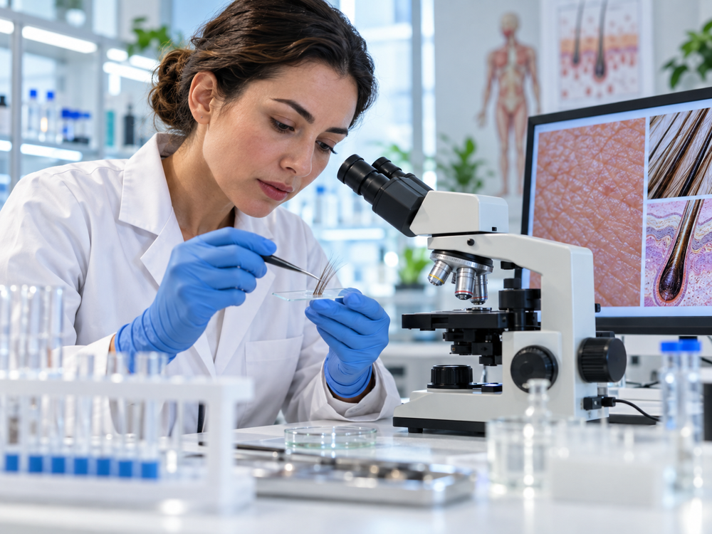 Wissenschaftlerin bei der Untersuchung von Haut und Haarstrukturen