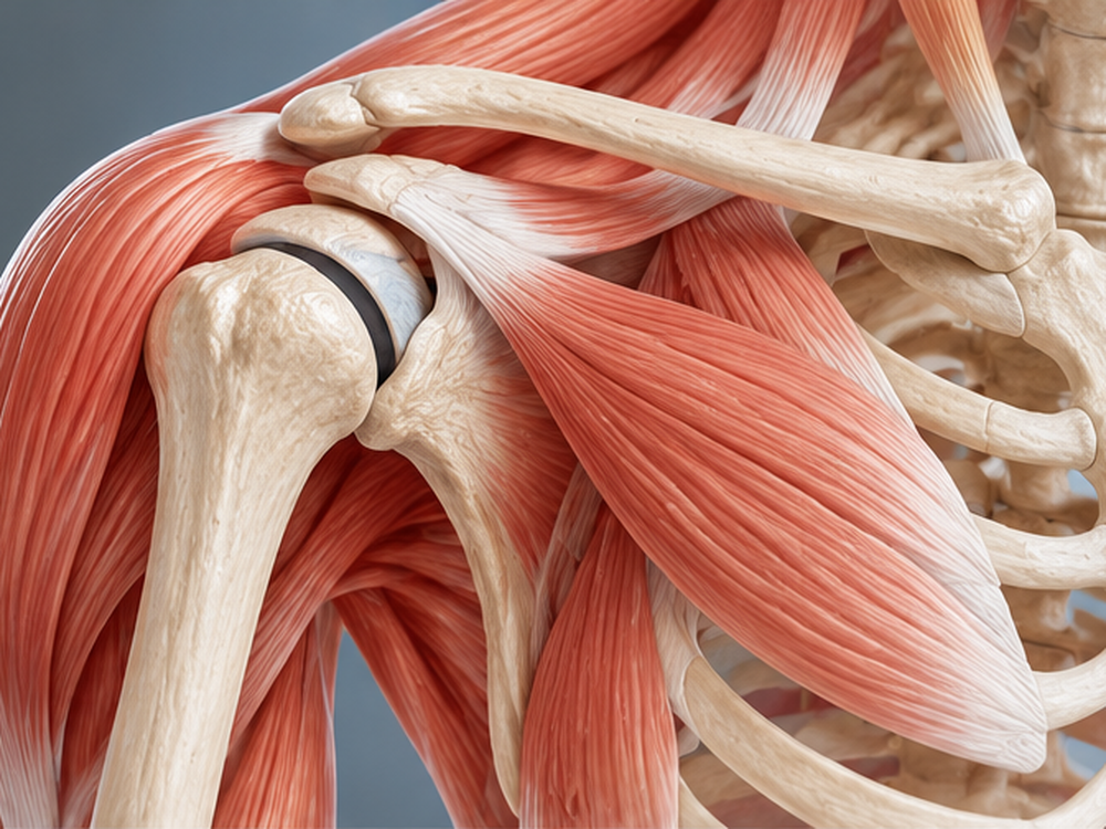 Anatomische Darstellung von Muskeln Knochen und Schultergelenk