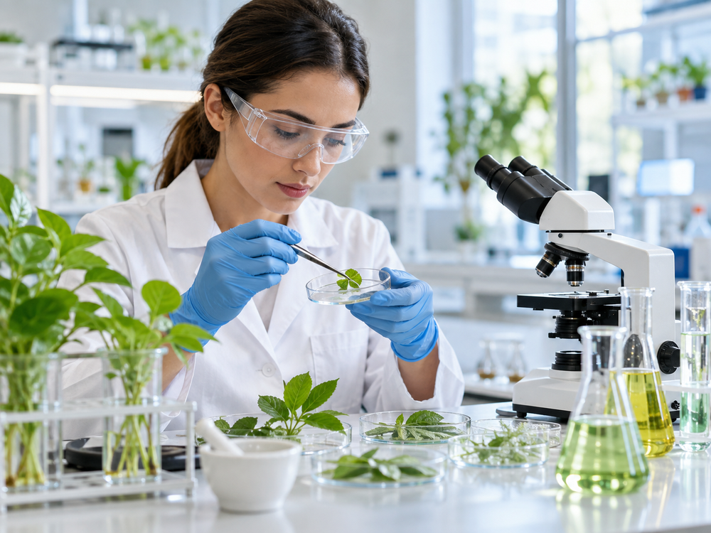 Wissenschaftlerin untersucht Pflanzenmaterial im Labor
