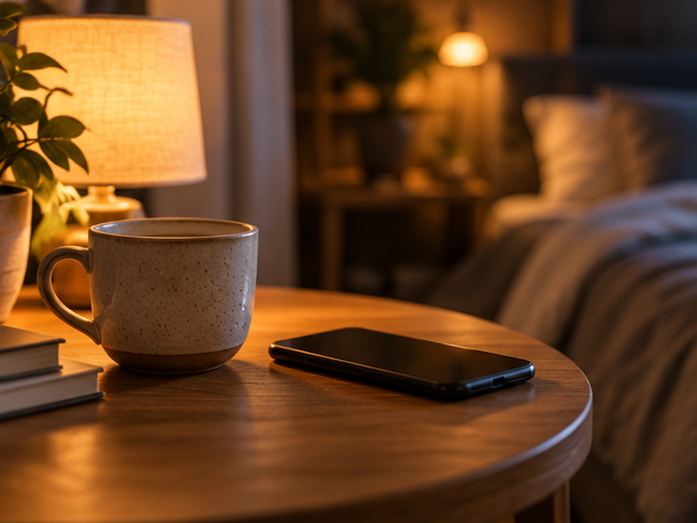 Ruhige Abendroutine in einem warm beleuchteten Schlafzimmer