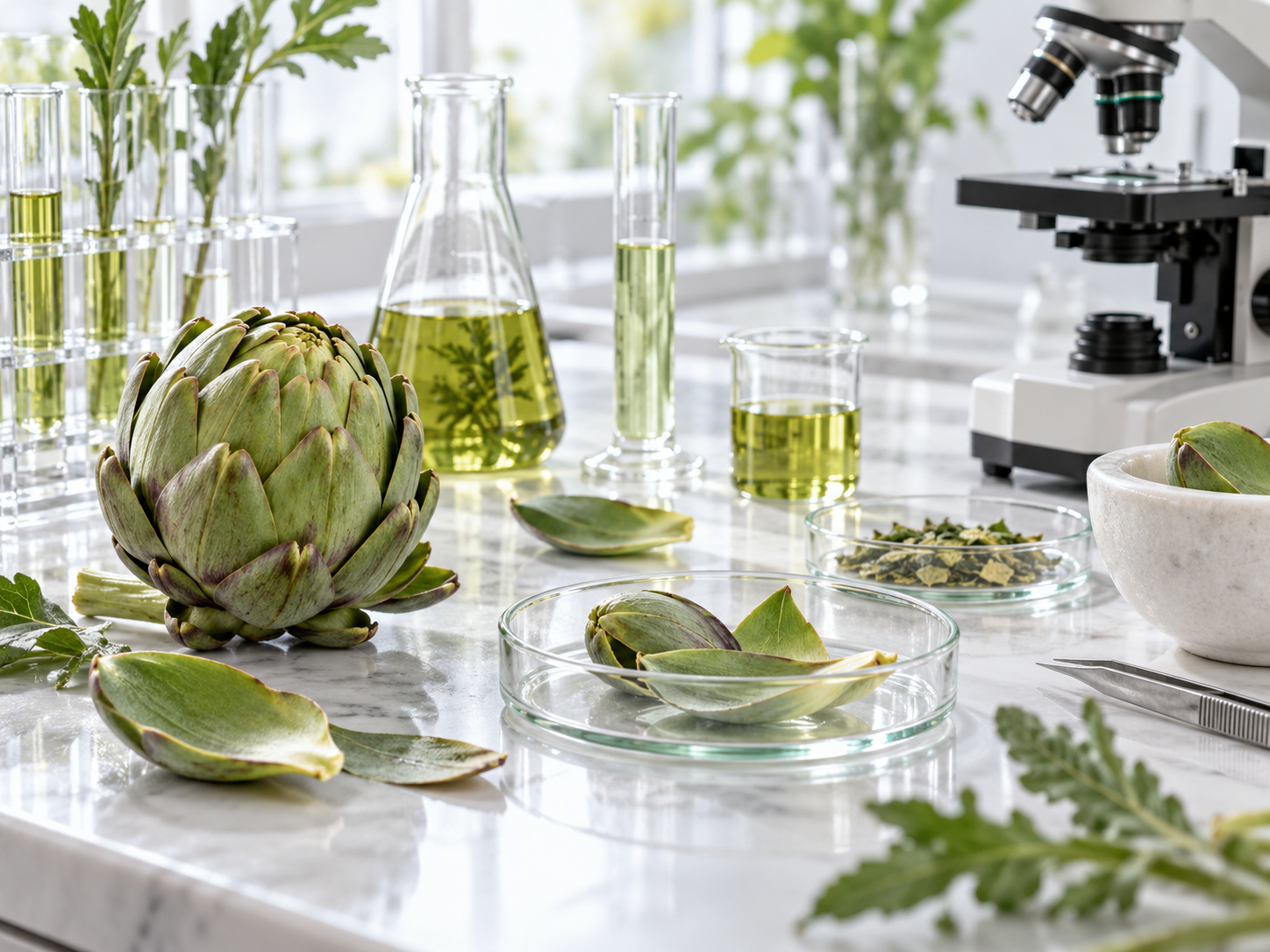 Artischockenblätter und Pflanzenextrakte in einer hellen botanischen Forschungsszene mit Mikroskop