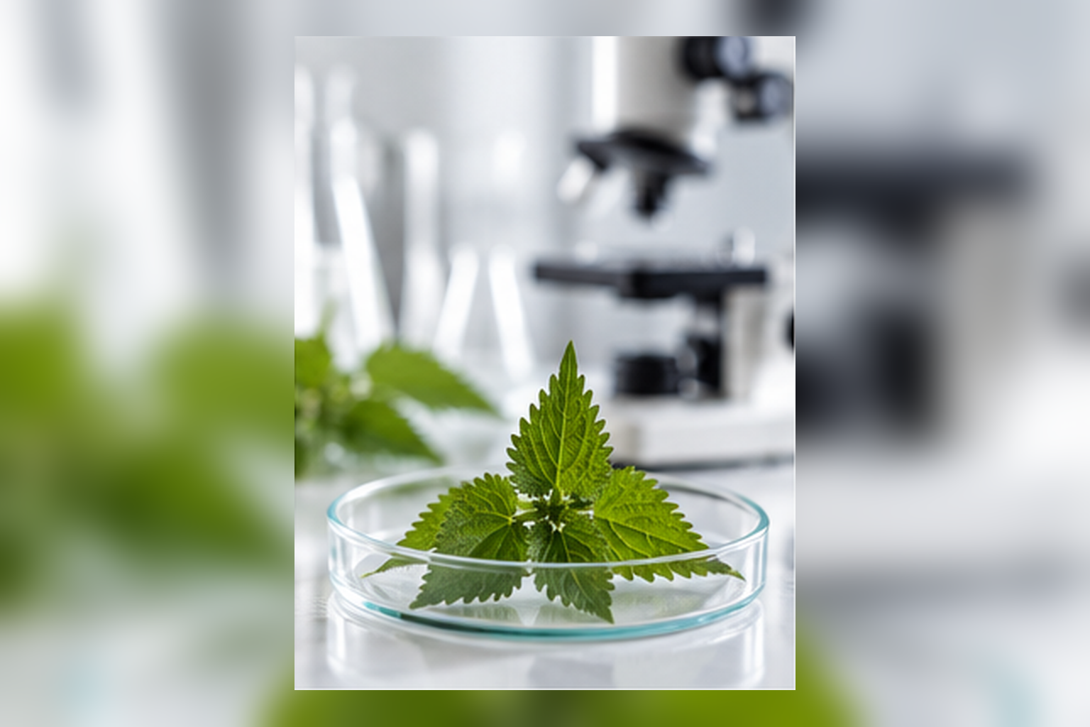 Brennnessel in einer botanischen Forschungsszene mit Laborgefäßen und Pflanzenmaterial