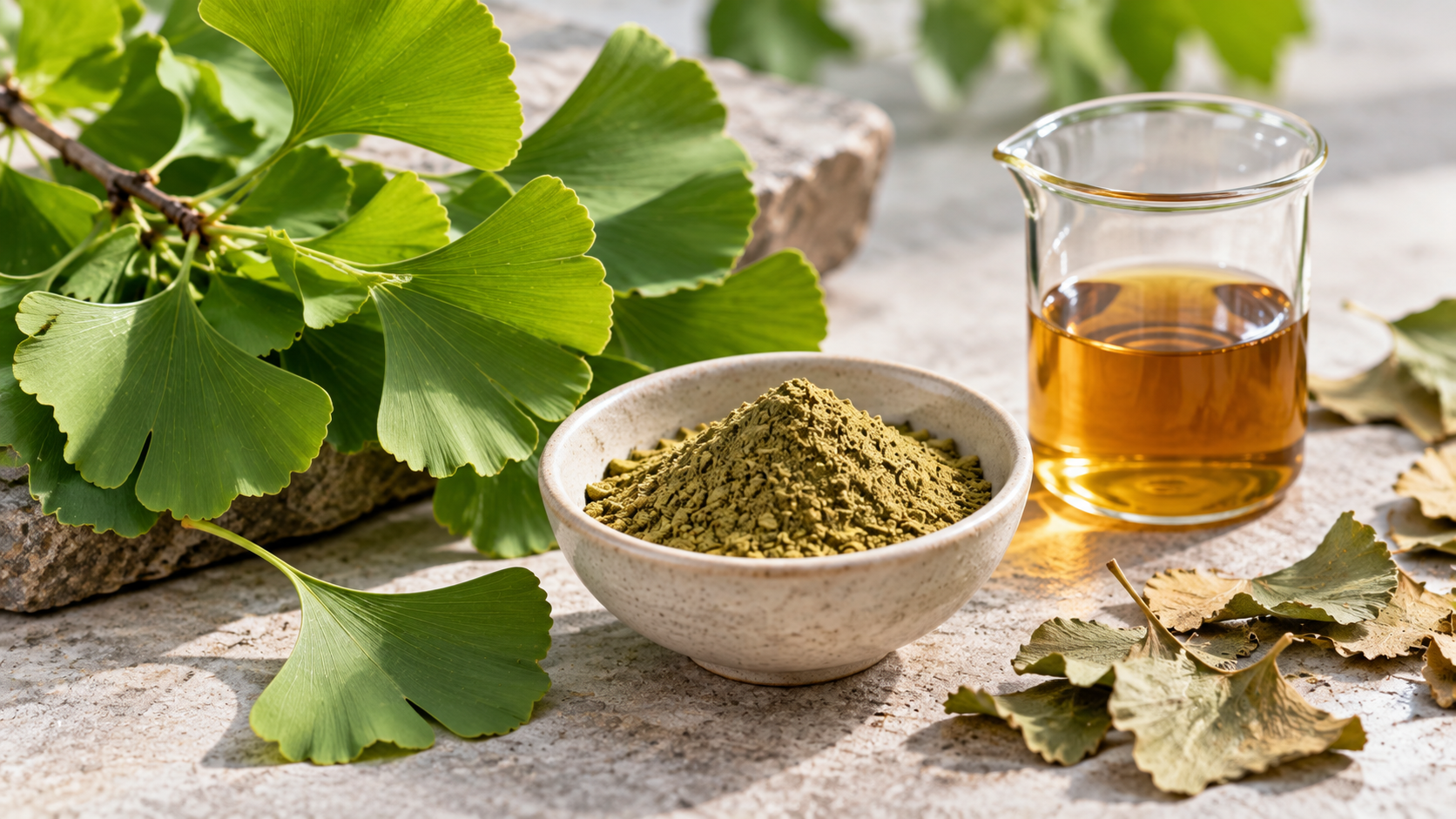 Ginkgoblätter, getrocknetes Blattmaterial, Pflanzenpulver und Extrakt