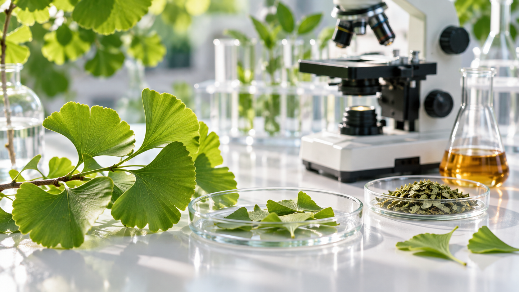 Ginkgoblätter in einer botanischen Forschungsszene mit Mikroskop und Laborgefäßen