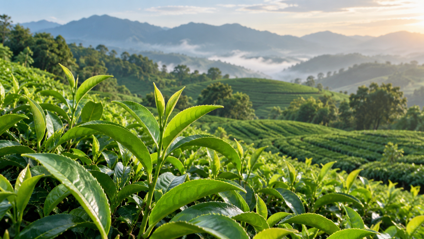 Grüner Tee (Camellia sinensis) mit jungen Teeblättern in einer hügeligen Teelandschaft