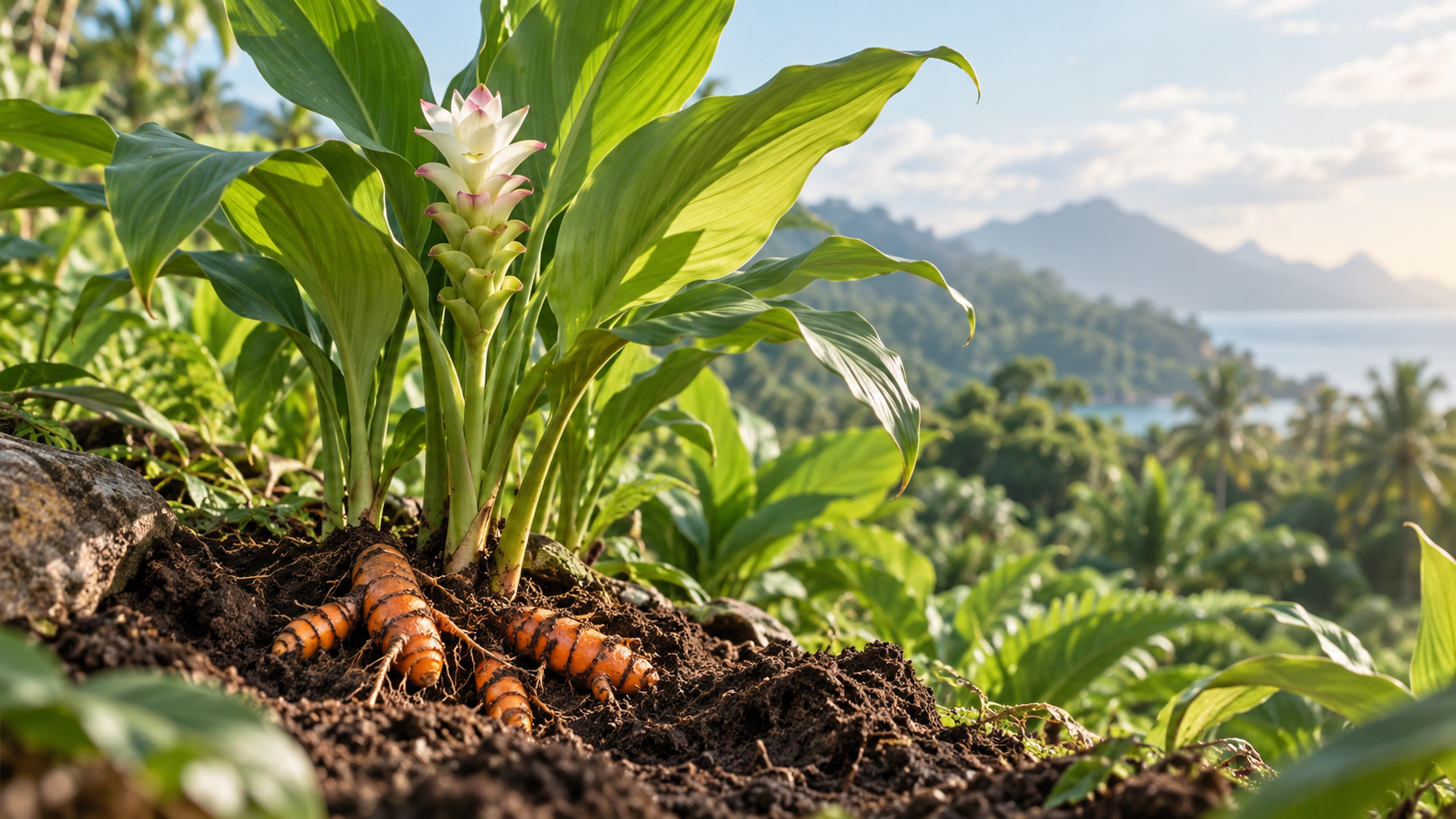 Curcuma longa mit grünen Blättern, Blütenstand und sichtbaren orangefarbenen Rhizomen