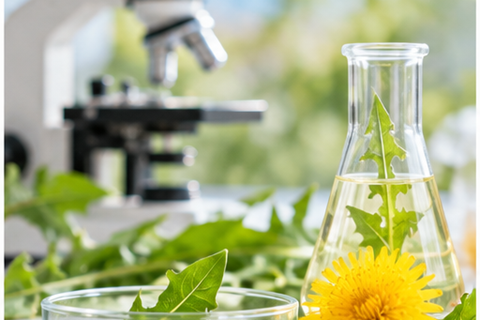 Löwenzahn in einer botanischen Forschungsszene mit Pflanzenmaterial und Laborgefäßen
