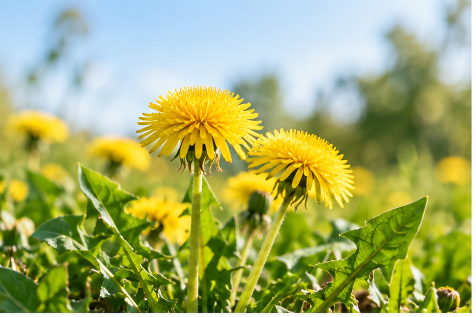 Blühender Löwenzahn mit gelben Blüten und Samenständen in einer natürlichen Wiesenlandschaft