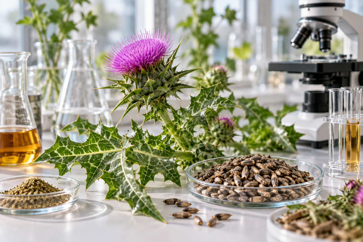 Mariendistel und Samen in einer botanischen Forschungsszene mit Laborgeräten