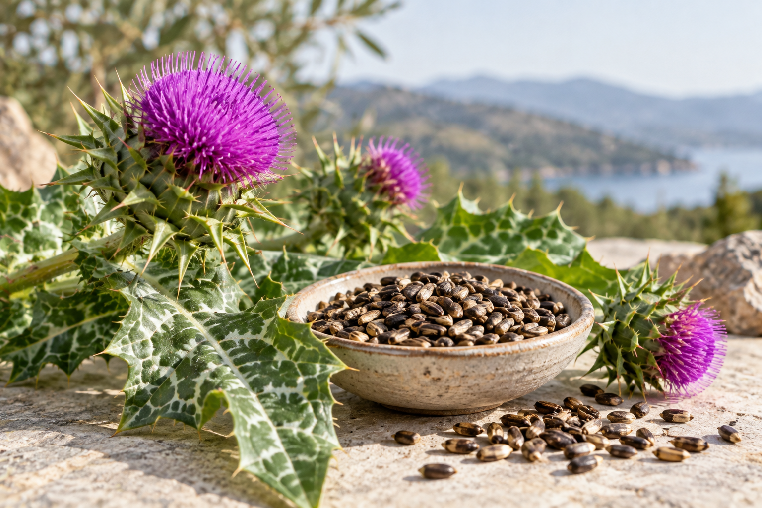 Mariendistel mit reifen Früchten und Samen als pflanzlichem Ausgangsmaterial