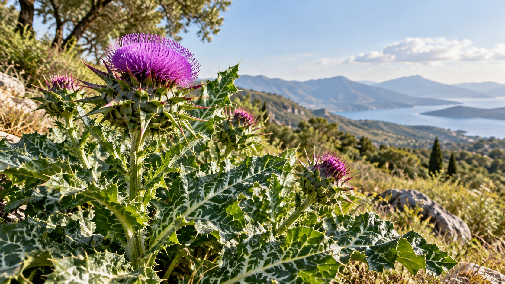 Mariendistel mit violetten Blüten und weiß marmorierten Blättern in mediterraner Landschaft