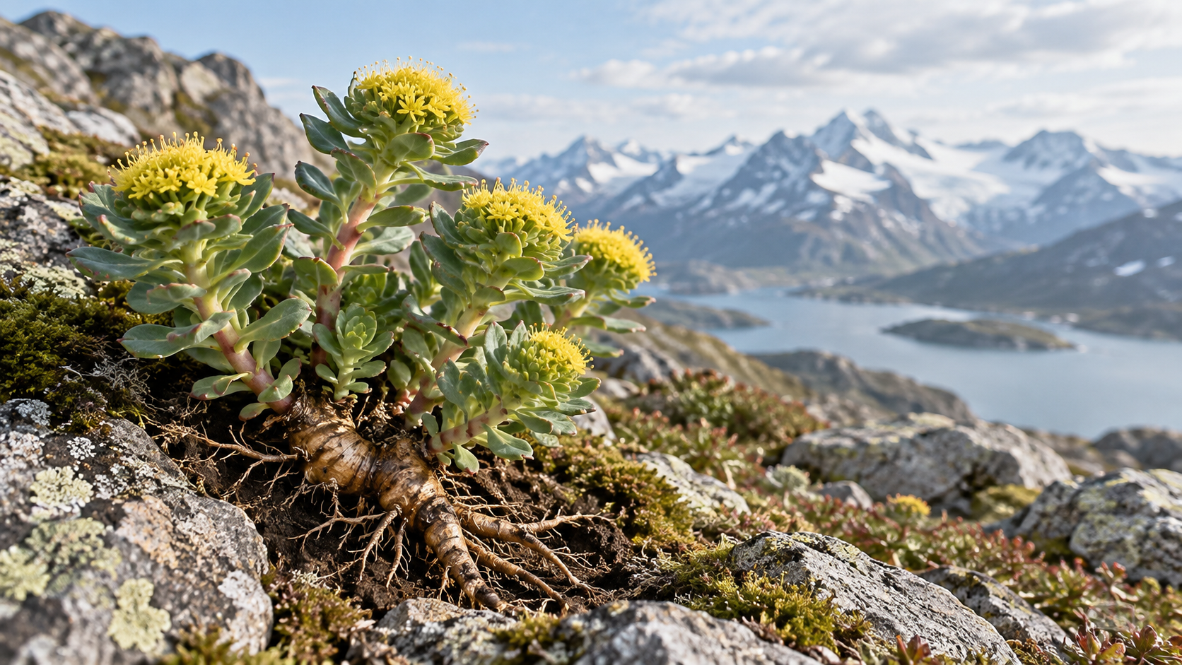 Rhodiola rosea mit gelben Blüten in einer kühlen alpinen Landschaft