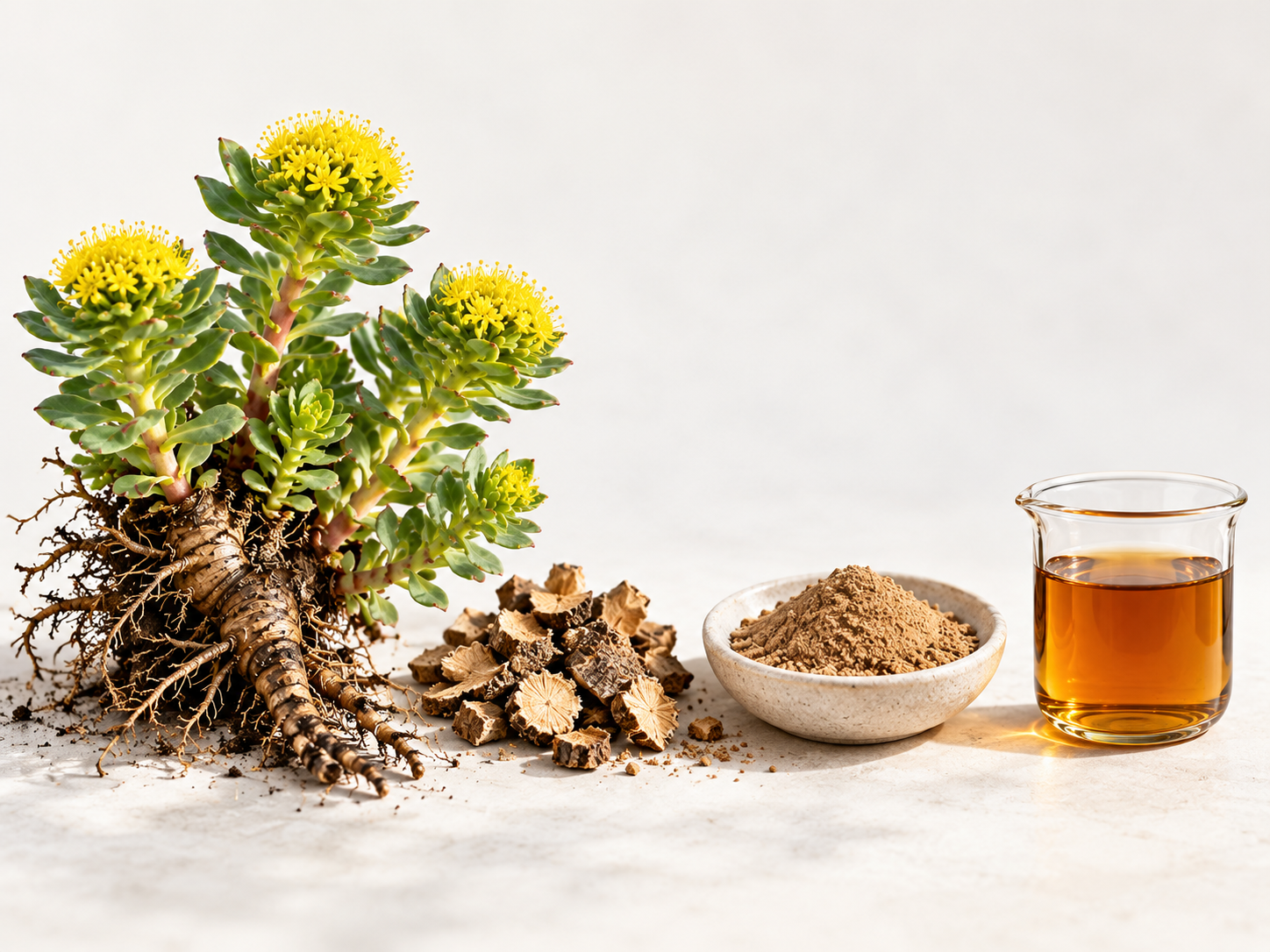 Rhodiola rosea als Pflanze, getrocknetes Rhizom, Pulver und flüssiger Extrakt