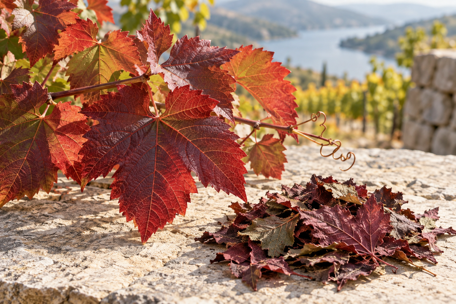 Rote Weinblätter von Vitis vinifera mit getrocknetem Blattmaterial im Weinberg