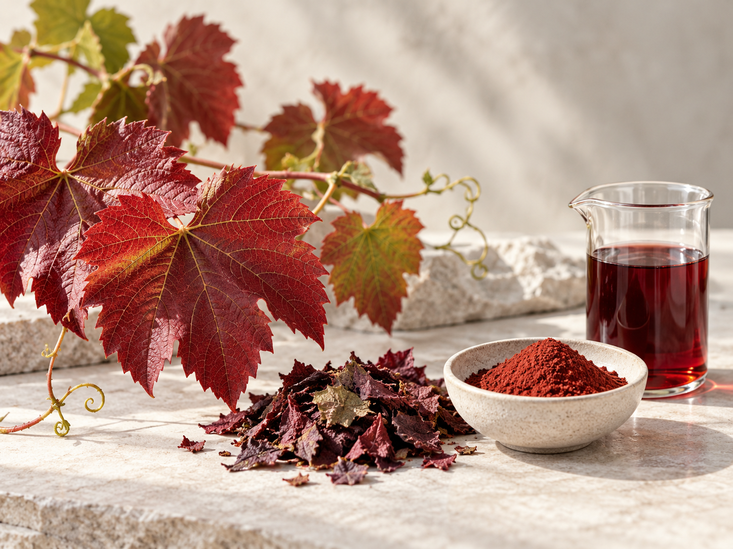 Rote Weinblätter, getrocknetes Blattmaterial, Pulver und Flüssigextrakt auf heller Steinfläche