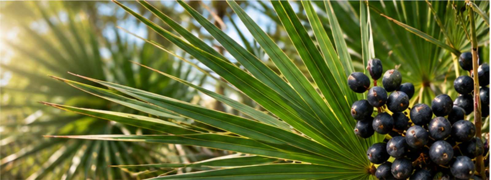 Sägepalme Serenoa repens mit fächerförmigen Blättern und dunklen Früchten