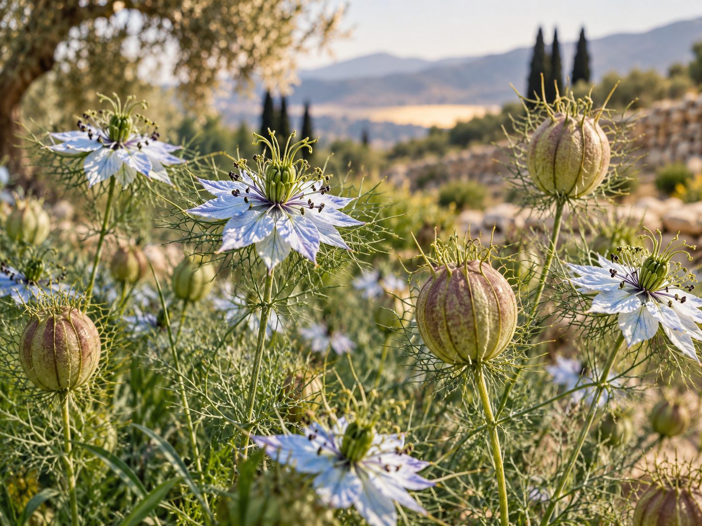 Schwarzkümmel Nigella sativa mit hellen Blüten und Samenkapseln in mediterraner Landschaft