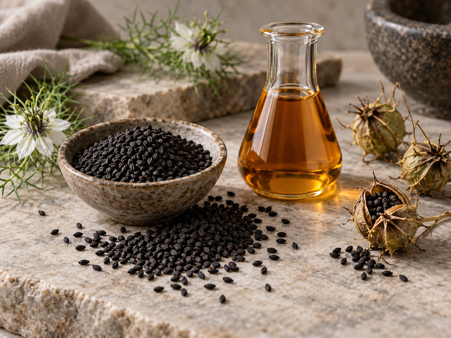 Schwarzkümmel-Samen und goldfarbenes Öl als unterschiedliche Zubereitungsformen von Nigella sativa