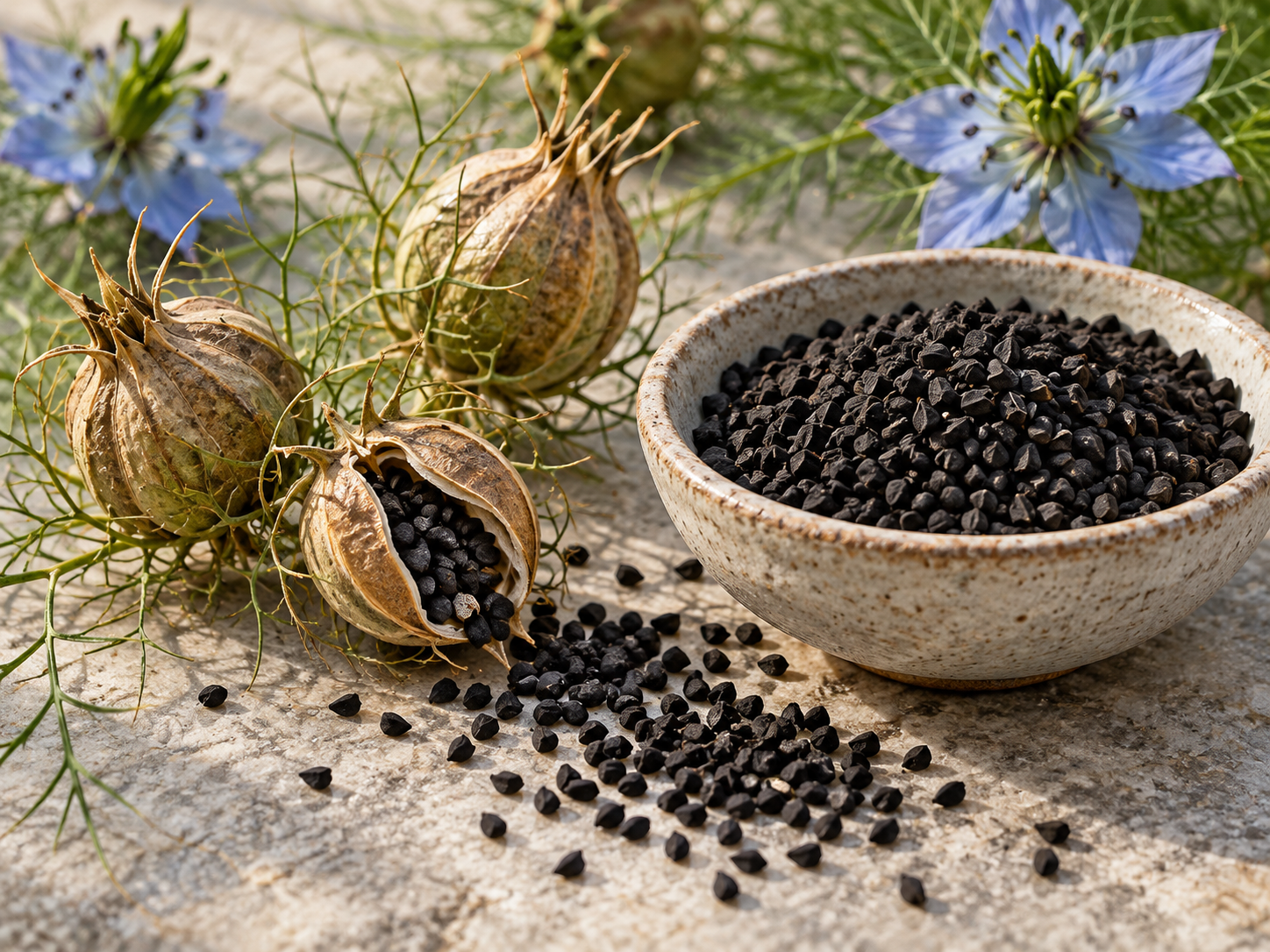Schwarzkümmel-Samen neben geöffneten Samenkapseln und Nigella-sativa-Blüten