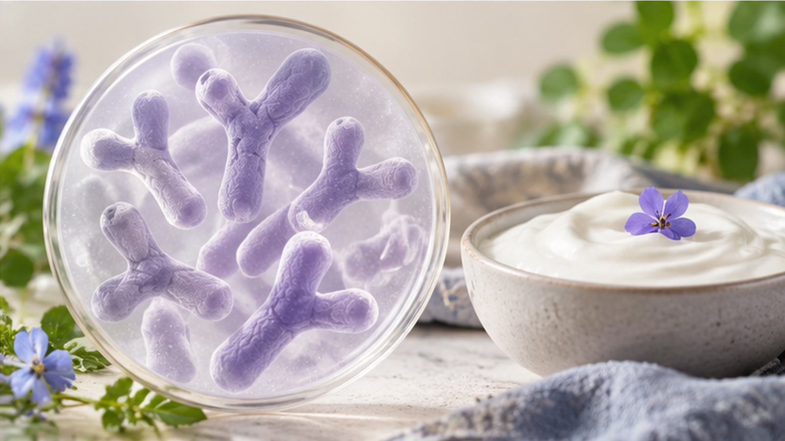 Illustrative Darstellung von Bifidobacterium lactis mit Bifidobakterien und fermentierten Milchprodukten