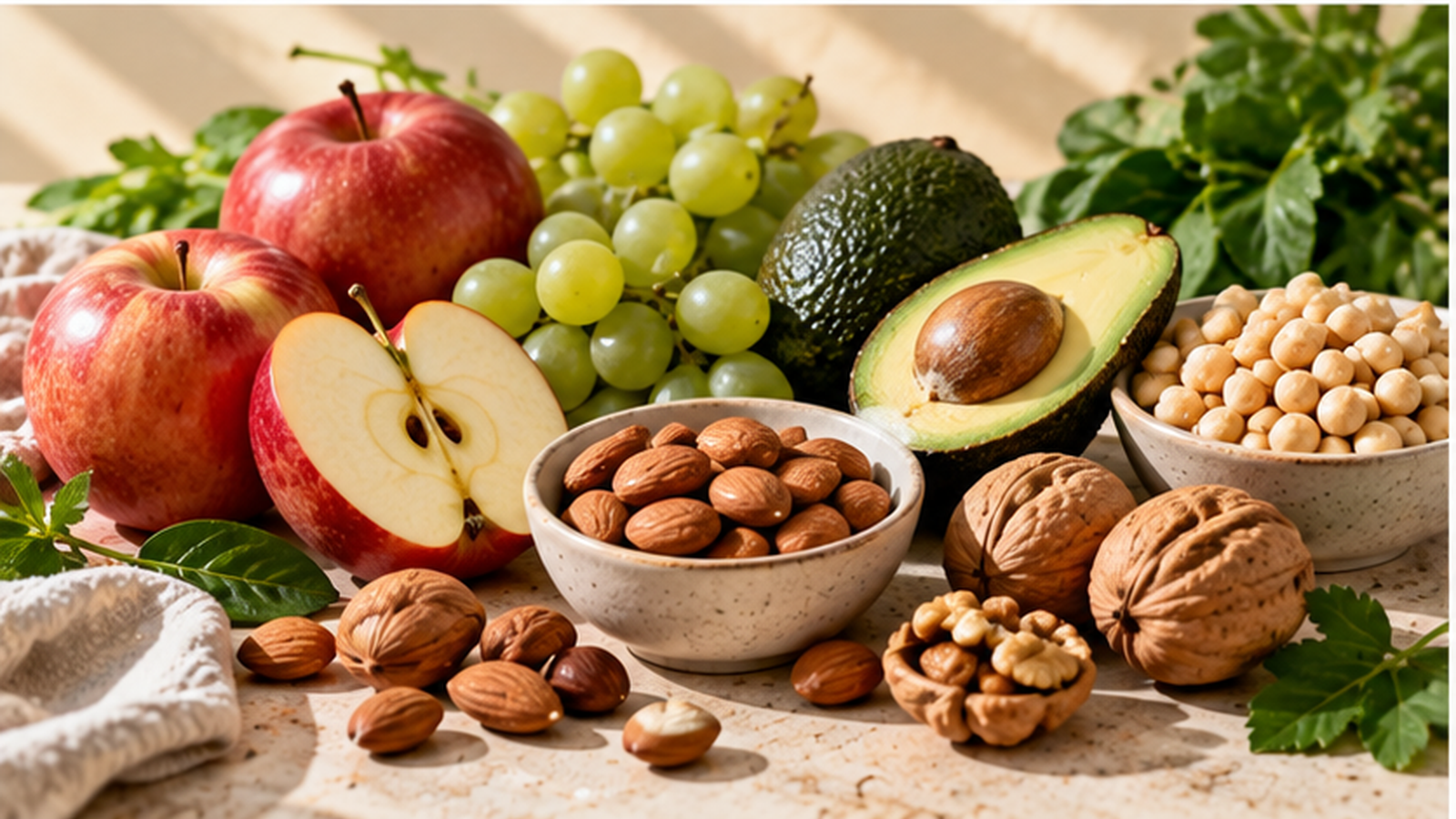 Borhaltige Lebensmittel mit Äpfeln, Trauben, Avocado, Nüssen und Hülsenfrüchten