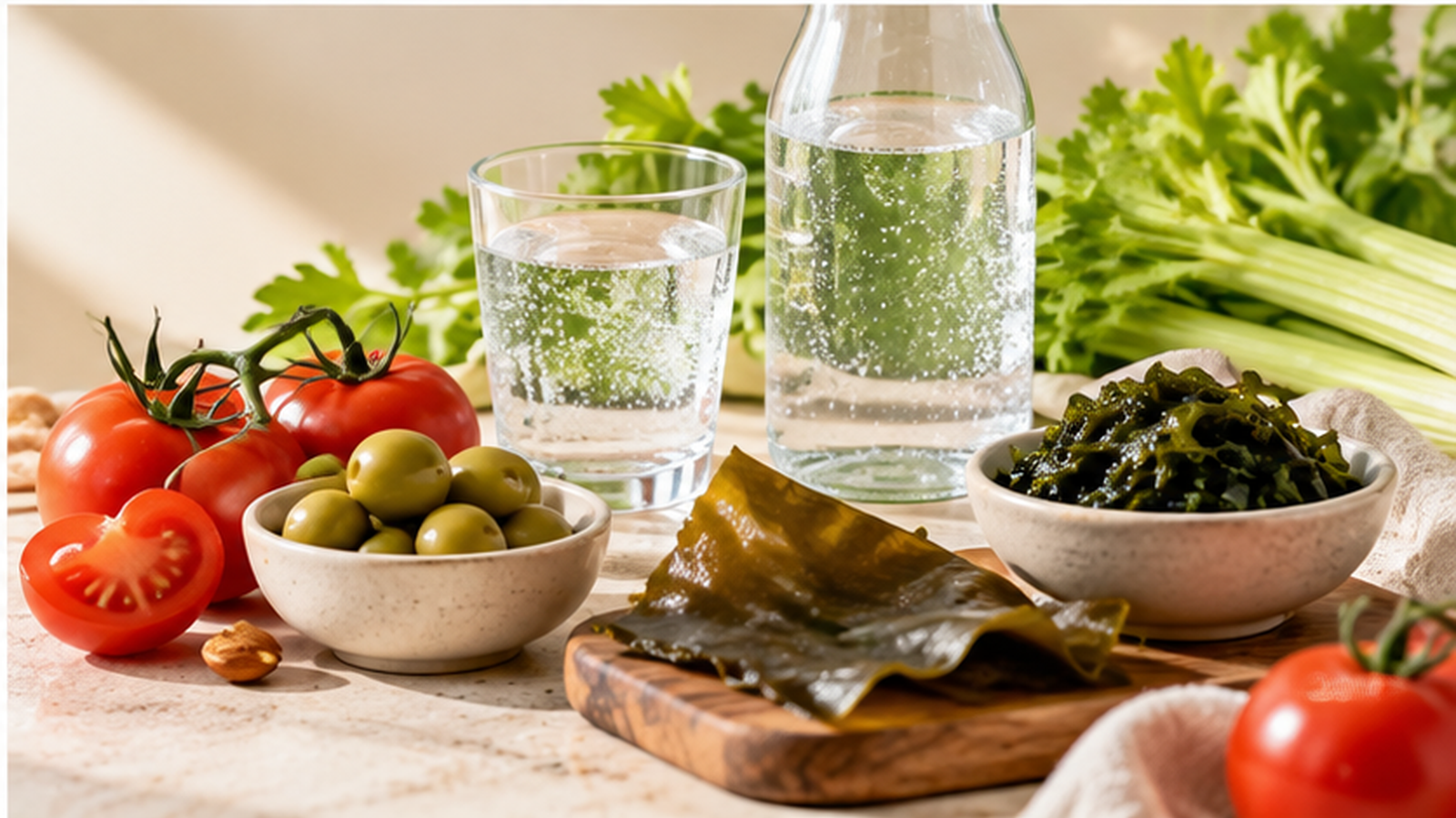 Chloridhaltige Lebensmittel mit Wasser, Tomaten, Oliven, Sellerie und Algen
